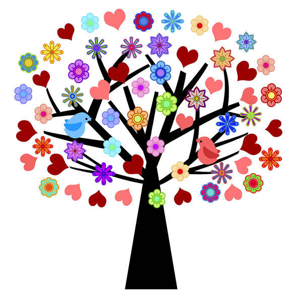 Valentines Art Print featuring the photograph Valentines Day Tree with Love Birds Hearts Flowers by David Gn