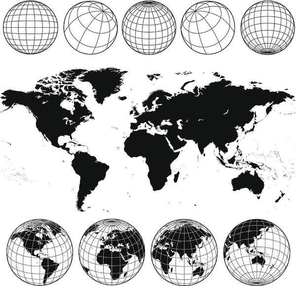 Globe Art Print featuring the drawing Various views of the world as a globe, and on flat surface by Kathykonkle