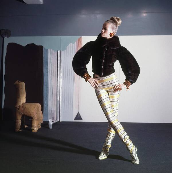 New York City Art Print featuring the photograph Veruschka Wearing Fur Jacket And Striped Tights by Horst P. Horst