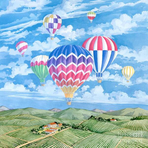 Hot Air Balloons Art Print featuring the painting Vineyard Balloons by Paul Brent