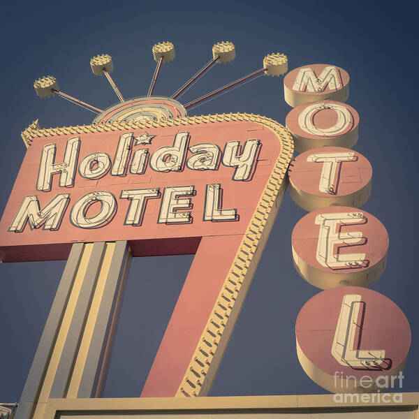 Neon Art Print featuring the photograph Vintage Motel Sign Holiday Motel Square by Edward Fielding