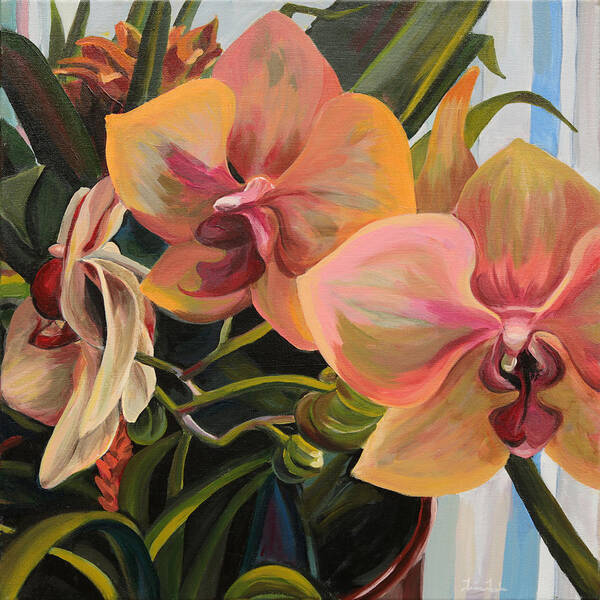 Orchid Art Print featuring the painting Windowsill Orchids by Trina Teele