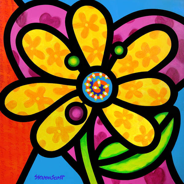 Abstract Art Print featuring the painting Yellow Pinwheel Daisy by Steven Scott