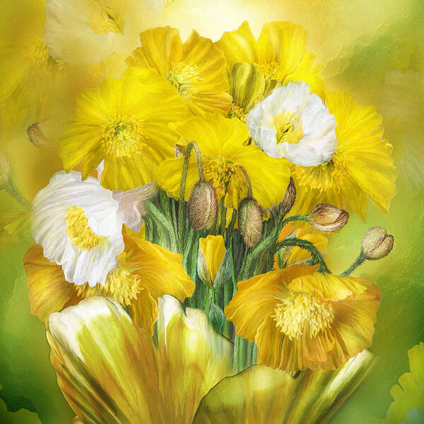 Poppy Art Print featuring the mixed media Yellow Poppies In Poppy Vase - SQ by Carol Cavalaris