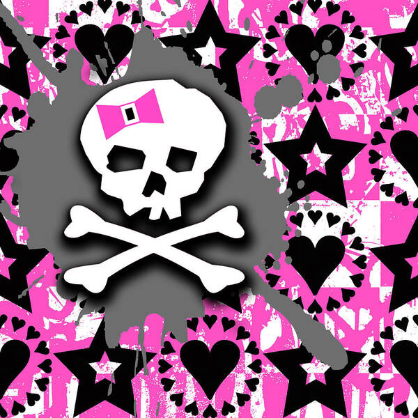 Pink Art Print featuring the digital art Pink Bow Skull #1 by Roseanne Jones