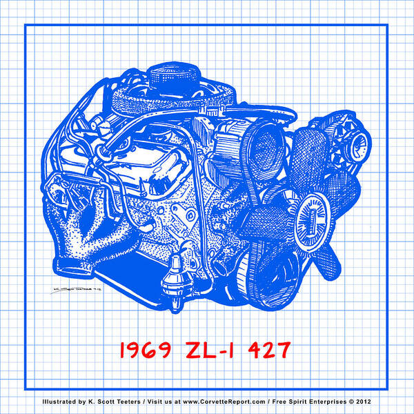 1969 Corvette Art Print featuring the drawing 1969 427 ZL-1 Corvette Racing Engine Blueprint by K Scott Teeters
