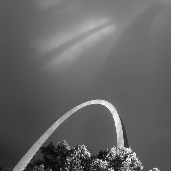 Gateway Arch St. Louis Mo Missouri Shadows Bw B&w Black White Sky Clouds Trees Monument Tall Structure Architecture Art Print featuring the photograph Arch Shadows by David Coblitz