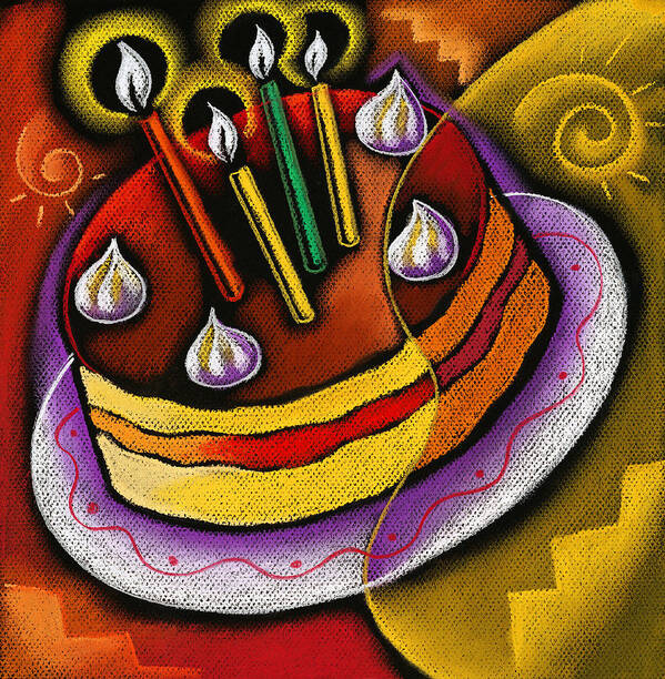 Art Product Birthday Birthday Cake Birthday Party Cake Candle Candles Celebration Cheerful Child Color Image Digitally Generated Image Event Happiness Happy Birthday Icing Illustration Illustration And Painting Illustration Technique Innocence Innocent Kids One Girl One Person Peach Strawberry Vertical White Background Decorative Art Abstract Painting Art Print featuring the painting Birthday Cake by Leon Zernitsky