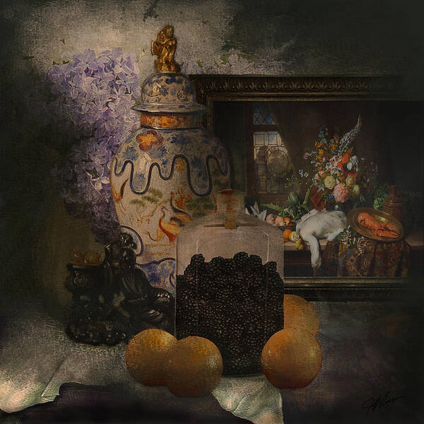Vase Art Print featuring the photograph Blackberries with Oranges by Jeff Burgess