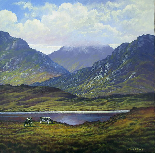 Cattle Art Print featuring the painting Connemara landscape with cattle by lake by Alan Kenny