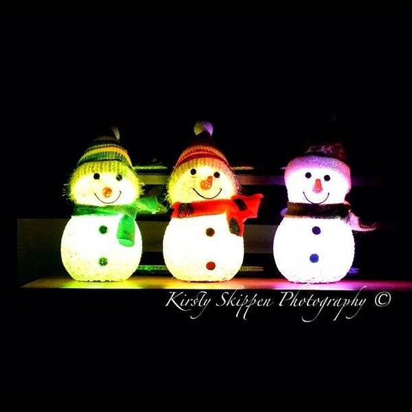  Art Print featuring the photograph Our 3 Little Snowmen, Lit Up In The by Kirsty Skippen