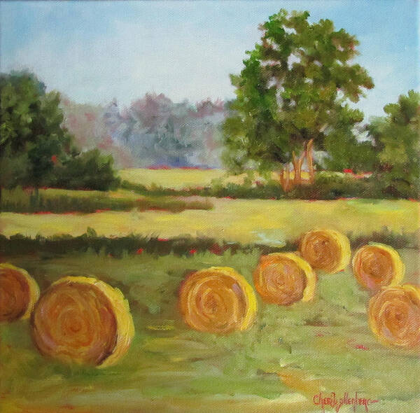 Hay Art Print featuring the painting Painting of Round Hay Bales by Cheri Wollenberg