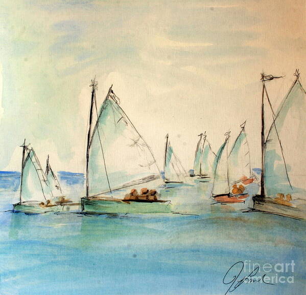 Paintings Art Print featuring the painting Sailors in a runabout by Julie Lueders 