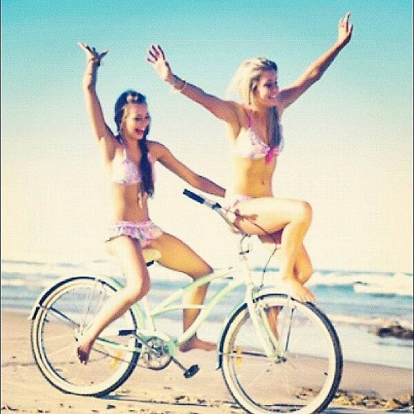 Beautiful Art Print featuring the photograph #two #girls #having #fun #bicycle by Isidora Leyton