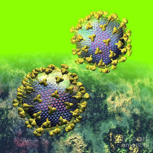 Acquired Art Print featuring the digital art Two HIV Particles on Bright Green by Russell Kightley