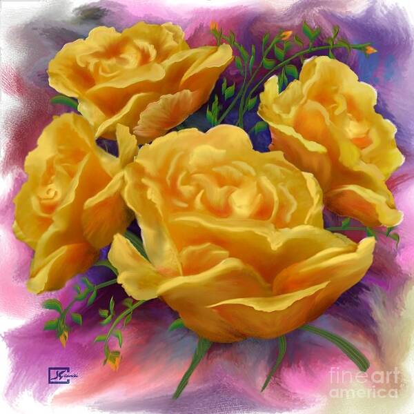 Yellow Roses Art Print featuring the painting Yellow Roses Floral Art by Judy Filarecki