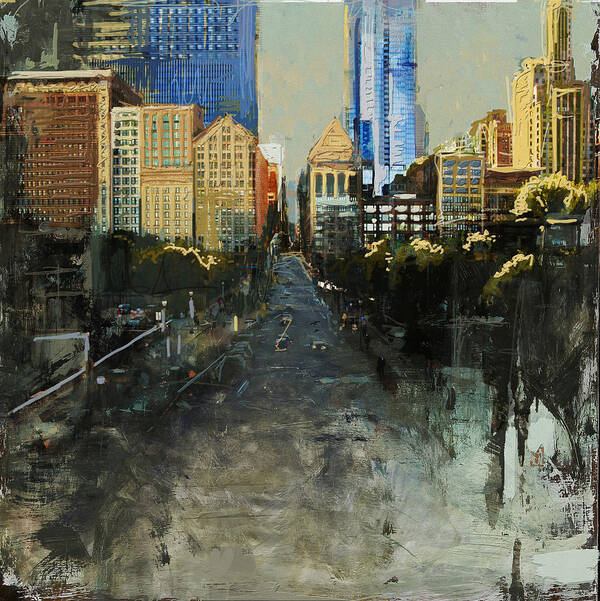 Us Art Print featuring the painting 068 Roads Houses Skyscrapers Chicago city Street by Maryam Mughal