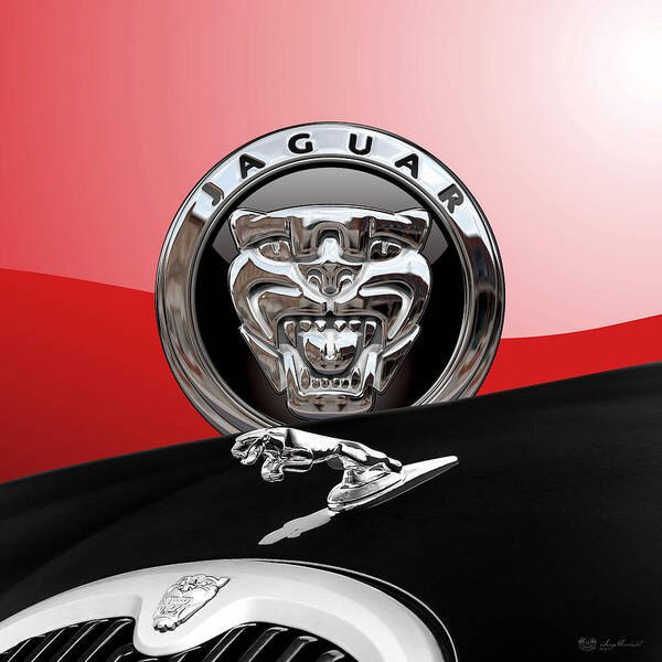 'auto Badges' Collection By Serge Averbukh Art Print featuring the photograph Black Jaguar - Hood Ornaments and 3 D Badge on Red by Serge Averbukh
