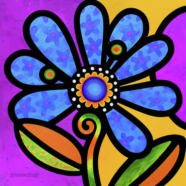 Flower Art Print featuring the painting Cosmic Daisy in Blue #1 by Steven Scott