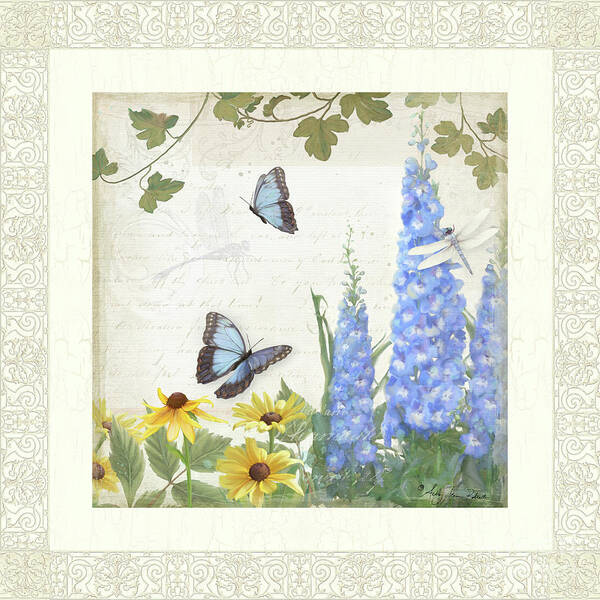 E Petit Jardin Art Print featuring the painting Le Petit Jardin 1 - Garden Floral w Butterflies, Dragonflies, Daisies and Delphinium by Audrey Jeanne Roberts