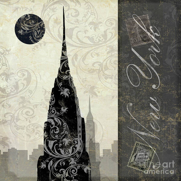 Art Deco Building Art Print featuring the painting Moon Over New York #1 by Mindy Sommers