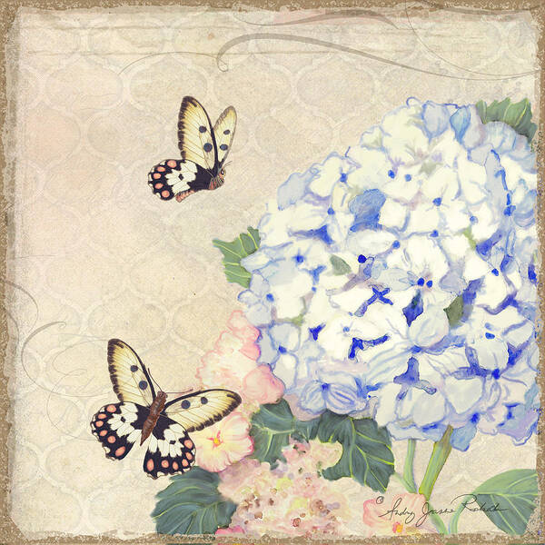 Pastel Art Print featuring the painting Summer Memories - Blue Hydrangea n Butterflies #1 by Audrey Jeanne Roberts