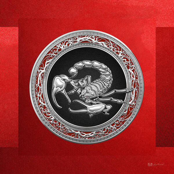 treasure Trove  By Serge Averbukh Art Print featuring the photograph Treasure Trove - Sacred Silver Scorpion on Red #1 by Serge Averbukh