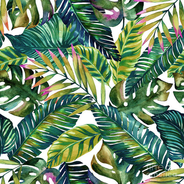 Tropical Leaves Art Print featuring the painting Tropical Green Leaves Pattern by Mark Ashkenazi