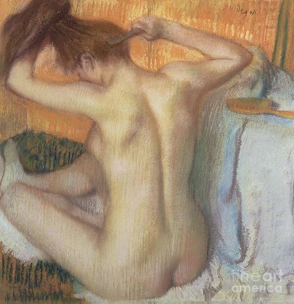 Back Art Print featuring the pastel Woman combing her hair by Edgar Degas