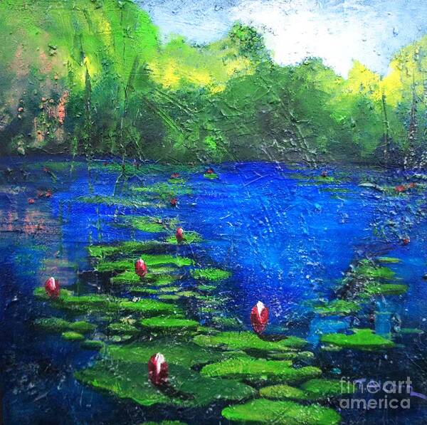Waterlilies Art Print featuring the painting 8 Mile Creek Lagoon - Bajool - original sold by Therese Alcorn