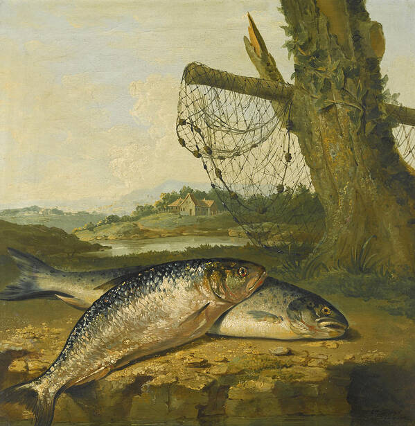 George Morland Art Print featuring the painting A view on the River Derwent at Belper Derbyshire with a Salmon and a Grayling on the Bank by George Morland