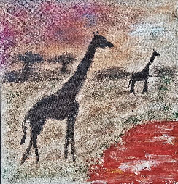 African Landscape Art Print featuring the painting African Landscape giraffe and banya tree at watering hole with mountain and sunset grasses shrubs sa by MendyZ