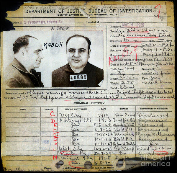 Al Capone Mugshot Art Print featuring the photograph Al Capone Mugshot and Criminal History by Jon Neidert