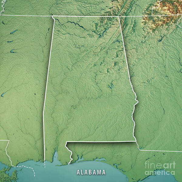 Alabama Art Print featuring the digital art Alabama State USA 3D Render Topographic Map Border by Frank Ramspott