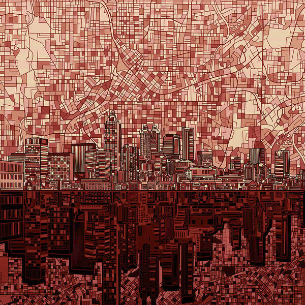 Atlanta Art Print featuring the digital art Atlanta Skyline Abstract Deep Red by Bekim M