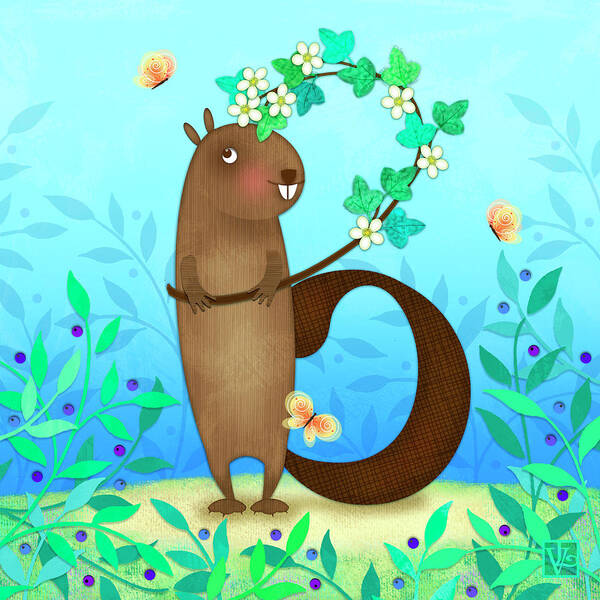 Letter B Art Print featuring the digital art B is for Beaver with a Blossoming Branch by Valerie Drake Lesiak