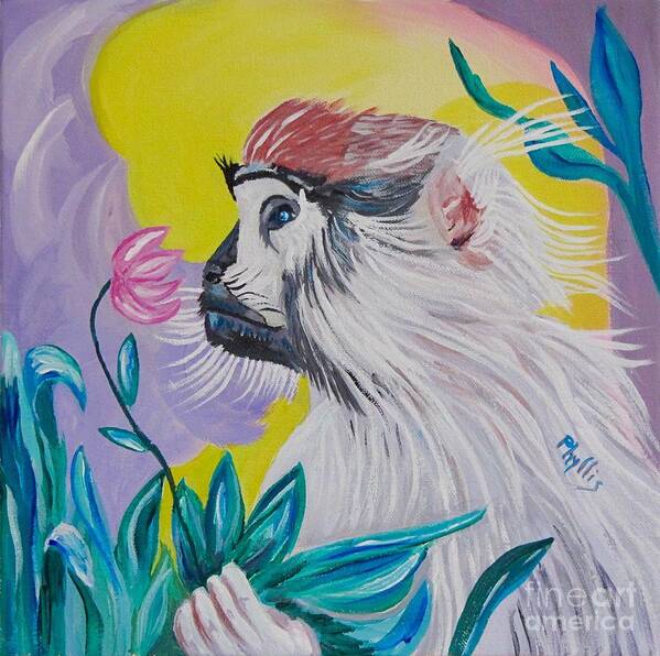 Baby Patas Monkey Art Print featuring the painting Baby Patas Monkey and His Flower by Phyllis Kaltenbach