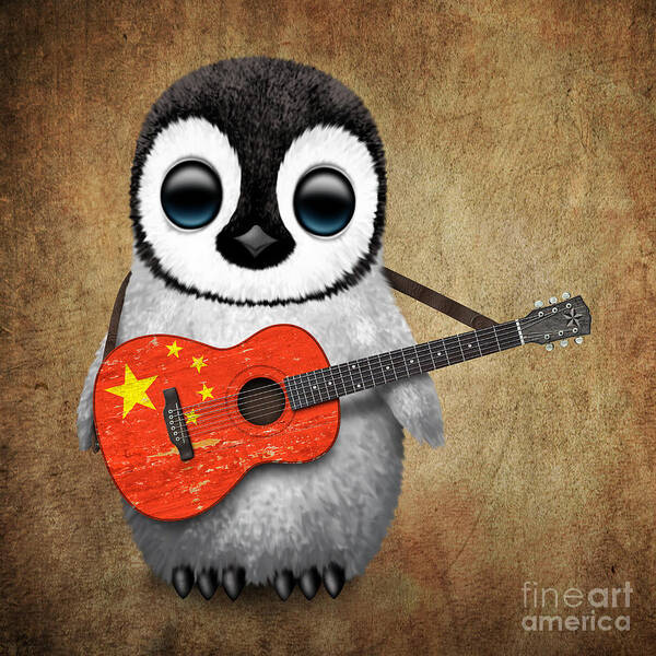 Penguin Art Print featuring the digital art Baby Penguin Playing Chinese Flag Guitar by Jeff Bartels