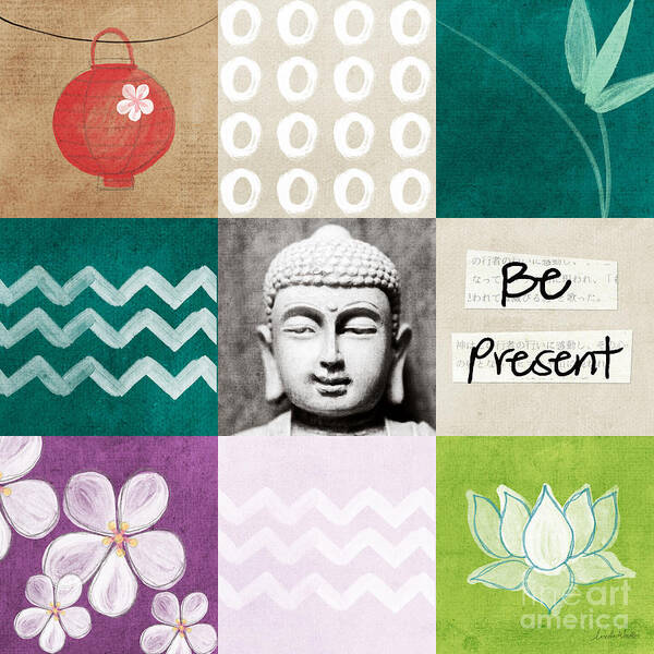 Buddha Art Print featuring the mixed media Be Present by Linda Woods