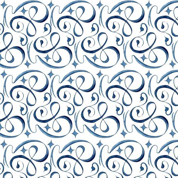 Indigo Blue Art Print featuring the painting Beach House Indigo Star Swirl Scroll Pattern by Audrey Jeanne Roberts