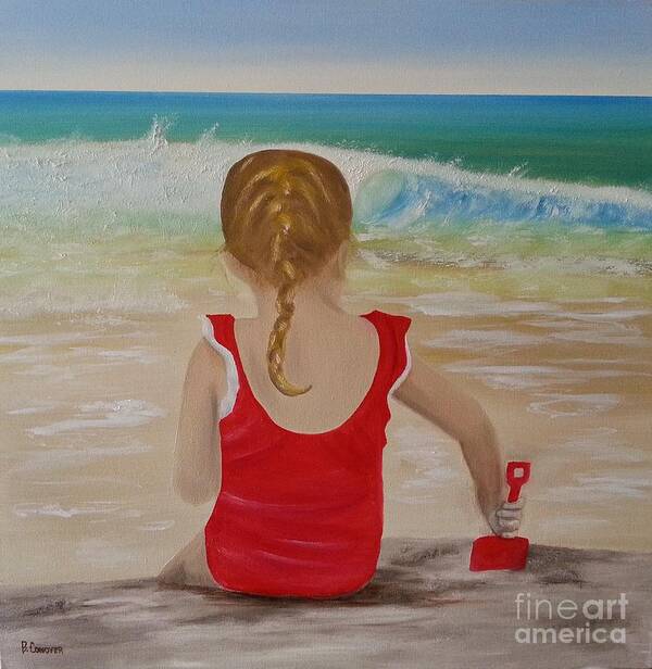 Girl At Beach Art Print featuring the painting Beach Play by Bev Conover