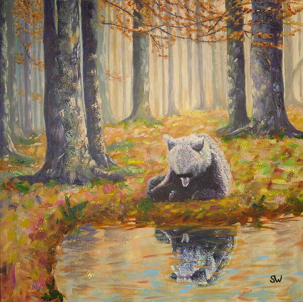 Art Art Print featuring the painting Bear reflecting by Shirley Wellstead