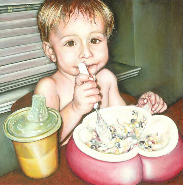 Bem Eating A Bowl Of Blueberry Cobbler. Art Print featuring the painting Ben and Blueberries by Leo Malboeuf