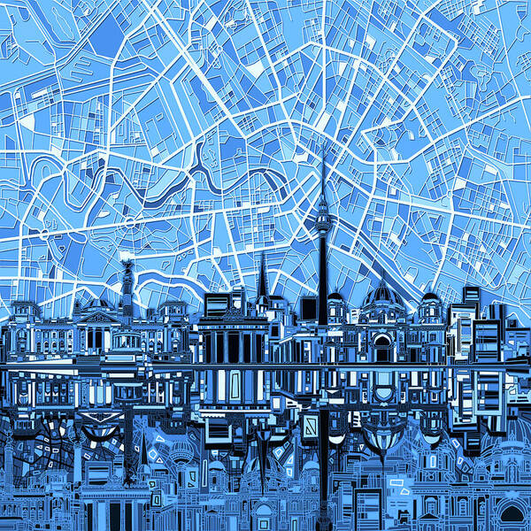 Berlin Art Print featuring the digital art Berlin City Skyline Abstract Blue by Bekim M