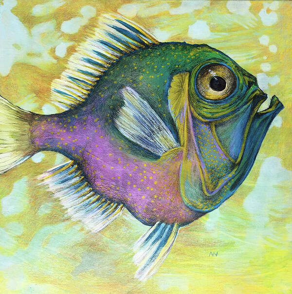 Big Eye Fish Art Print featuring the mixed media Big Yellow Eye by AnneMarie Welsh