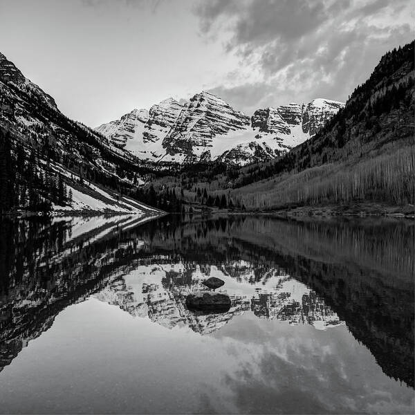 Maroon Bells Wall Art Art Print featuring the photograph Black and White Maroon Bells Colorado Mountains Reflections by Gregory Ballos