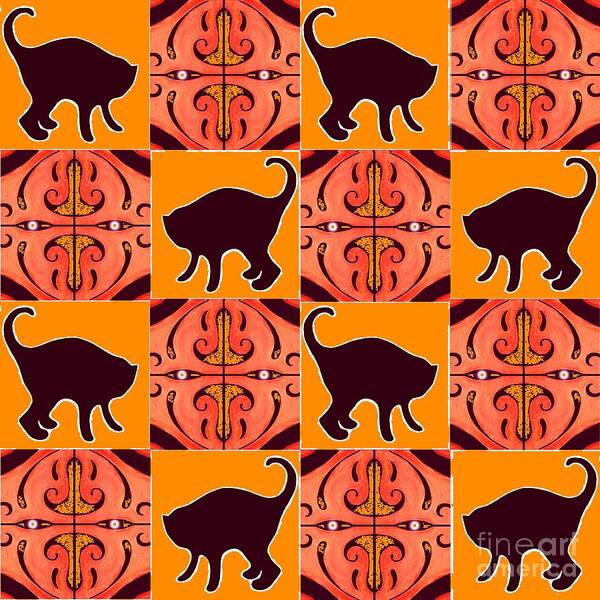 Cats Art Print featuring the digital art Black Cats and Orange Lanterns by Helena Tiainen