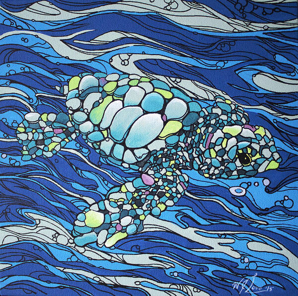 Sea Turtle Art Print featuring the painting Black Contour Turtle by William Love