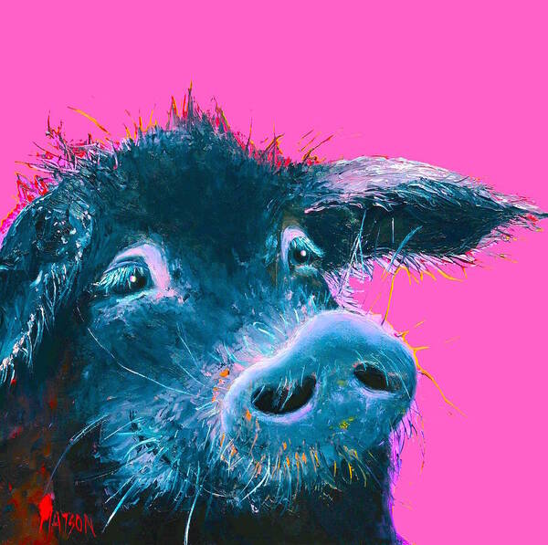 Pig Art Print featuring the painting Black Pig painting on pink background by Jan Matson
