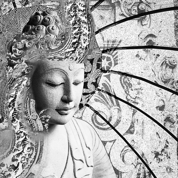 Buddha Art Print featuring the digital art Bliss of Being - black and white Buddha art by Christopher Beikmann